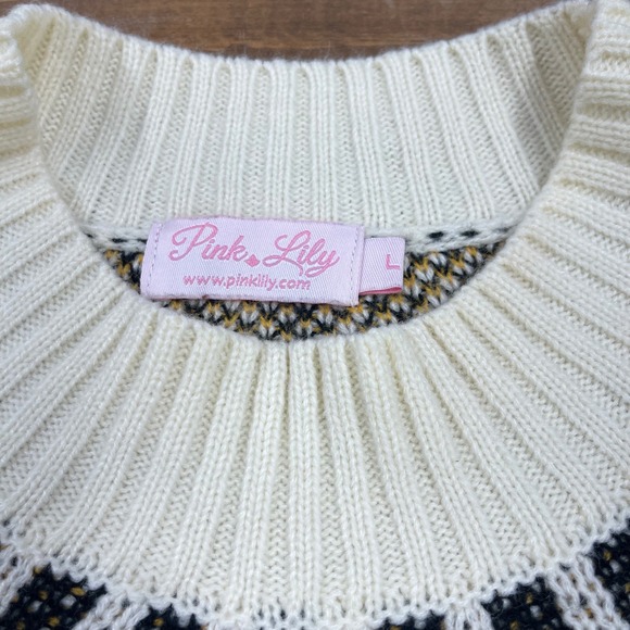 Pink Lily Cream Fair Isle Knit Sweater Size L Mock Neck Long Sleeve - Picture 2 of 6